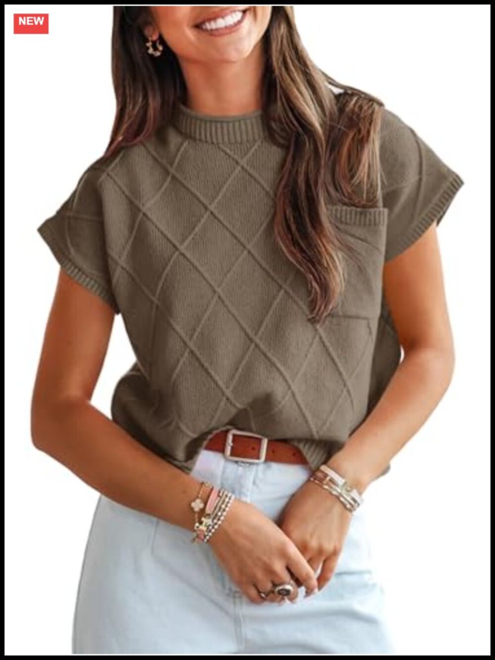 Women's Mock Neck Cap Sleeve Knit Pullover Sweater Vest Loose Fit Textured